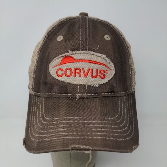 Corvus Bayer Strapback Hat Brown OSFA Farmer Embroidered Logo Distressed - Picture 3 of 12